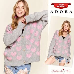 ADORA Button Down Fluffy Heart Pattern Relaxed Fit Cozy Sweater Cardigan | Grey